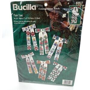 VTG NOS 1996 Bucilla Cross Stitch Kit 6 Christmas Themed Bows 4”x 6” Unopened